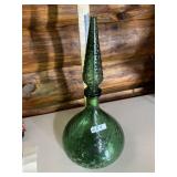VTG GREEN GLASS DECANTER, ROUND BODY, CROSS-HATCH
