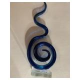 BLUE ART GLASS SCULPTURE, SPIRAL FORM, CLEAR