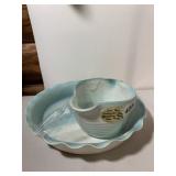 STUDIO POTTERY SERVING SET, BLUE AND WHITE GLAZE,