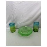 GREEN DEPRESSION GLASS PLATES (3), FLORAL