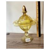 VTG YELLOW GLASS COMPOTE, HEXAGONAL BASE, GILT