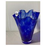HAND-BLOWN ART GLASS VASE, COBALT BLUE, RUFFLED