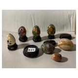 ASSORTED DECORATIVE EGGS, CLOISONNE AND STONE,