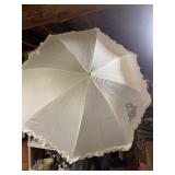 WHITE PARASOL, MASONIC SYMBOL PRINT, RUFFLED