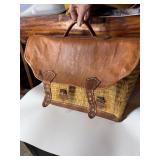 VINTAGE WICKER AND LEATHER SATCHEL, BROWN LEATHER