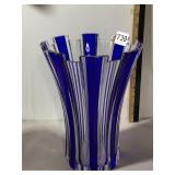 COBALT BLUE AND CLEAR GLASS VASE, VERTICAL RIBBED