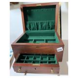 WOODEN JEWELRY BOX, TWO-TIERED, GREEN VELVET