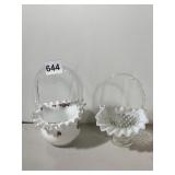 ART GLASS BASKETS, WHITE MILK GLASS W/ VIOLET