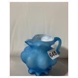 VTG SATIN GLASS PITCHER, BLUE W/ WHITE INTERIOR,