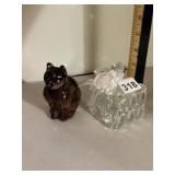 GLASS CAT FIGURINE, AMBER TINT, AND CRYSTAL