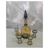 ART GLASS DECANTER SET, AMBER GLASS W/ BLUE