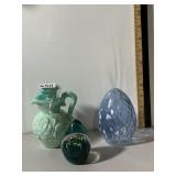 AVON MILK GLASS ROSE PITCHER, BLUE ART GLASS EGG,