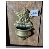 BRASS CHERUB WALL POCKET, APPROX 7 IN H.