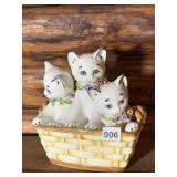 ITALIAN CERAMIC KITTENS IN BASKET, HAND PAINTED,