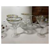ART GLASS PITCHER AND MARGARITA GLASSES, CLEAR W/