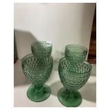 GREEN GLASS GOBLETS (4), DIAMOND PATTERNED