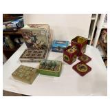 ASSORTED DECORATIVE TINS, VARIOUS SHAPES AND