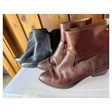FRYE ANKLE BOOTS, LEATHER, BROWN AND BLACK, (2)
