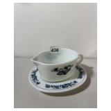 PYREX SAUCEBOAT W/ UNDERPLATE, BLUE ON WHITE