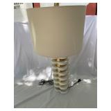 TABLE LAMP, STACKED WHITE AND BRASS DISK DESIGN,