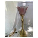 TABLE LAMP, BRASS BASE, PINK AND WHITE ART GLASS