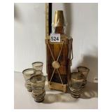 AMBER GLASS DECANTER W/ METAL CAGE AND MATCHING
