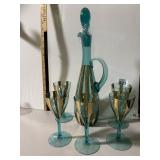 TEAL GLASS DECANTER W/ STOPPER AND MATCHING