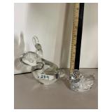 CLEAR GLASS FIGURINES, RABBIT AND DUCK,