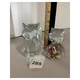 ART GLASS OWL FIGURINES, ONE CLEAR W/ BUBBLE