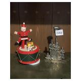WOODEN SANTA MUSIC BOX, METAL CAROLERS CANDLE