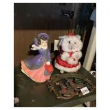 CERAMIC FIGURINE, PLUSH MOUSE IN SANTA OUTFIT,