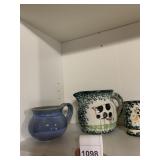 STUDIO POTTERY PITCHER AND MUGS (3), HAND-THROWN,