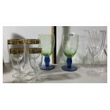 ASSORTED STEMWARE, ETCHED GREEN GLASS GOBLETS,
