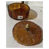 AMBER PRESSED GLASS COVERED DISH, DIVIDED