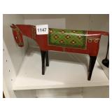 HAND-PAINTED METAL HORSE FIGURINE, RED AND GREEN