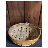 POTTERY BASKET, WOVEN DESIGN, YELLOW GLAZE, BLUE