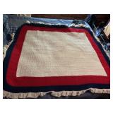 HAND-CROCHETED THROW BLANKET, CREAM, RED, AND