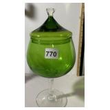 GREEN GLASS COVERED COMPOTE, TWISTED STEM,