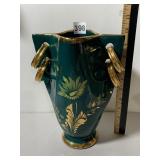 CERAMIC VASE, DEEP GREEN GLAZE, GOLD FLORAL