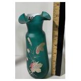 VTG FROSTED GREEN GLASS VASE, HAND-PAINTED FLORAL