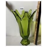GREEN GLASS VASE, CROWN TOP, PEDESTAL BASE,