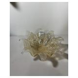 ART GLASS BOWL, IRIDESCENT GOLD FINISH, GRID