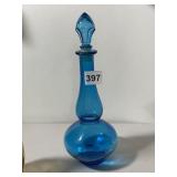 BLUE GLASS DECANTER, BULBOUS BASE, TAPERED NECK,