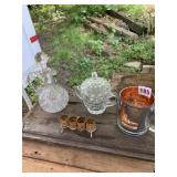 CRYSTAL DECANTER, CRYSTAL SUGAR BOWL, METALLIC