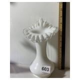 MILK GLASS VASE, RUFFLED RIM, CLEAR GLASS TRIM.