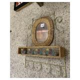 WROUGHT IRON WALL SHELF, WICKER MIRROR,