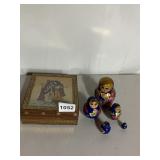 WOODEN BOX W/ INLAY LID, MATRYOSHKA NESTING DOLLS