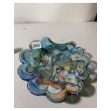 ART GLASS BOWL, SCALLOPED EDGE, BLUE TINT W/