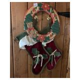 WOODEN CHRISTMAS WREATH W/ BEAR, VELVET STOCKINGS