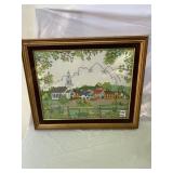 VINTAGE CROSS-STITCH EMBROIDERY, VILLAGE SCENE,